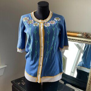 Bob Mackie Floral Embroidered Button-Up Crew Neck Cardigan Sweater Size S Blue